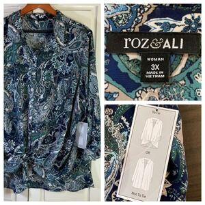 Roz & Ali Paisley Blouse Tie Front‎ Long Sleeve Button Down Top 3X Office Church